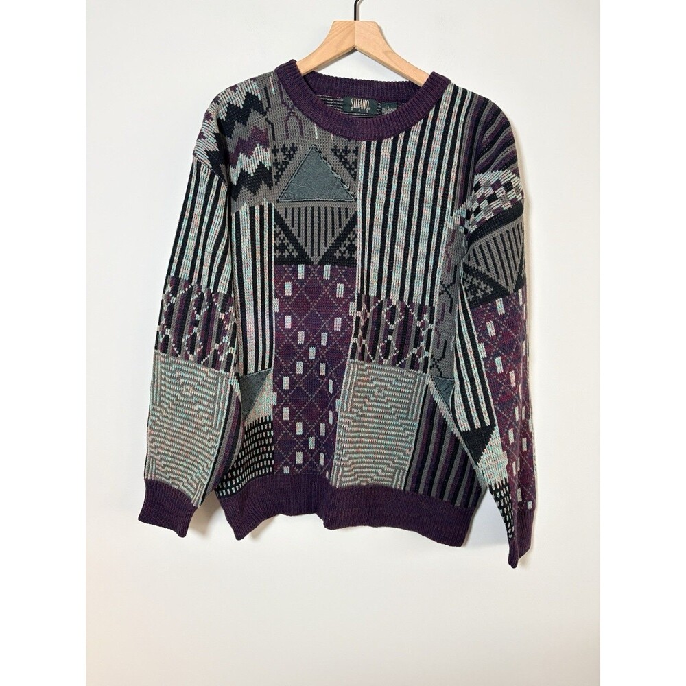 Vintage Stefano Man Cosby Sweater Large Purple Gray Geometric Textured Retro